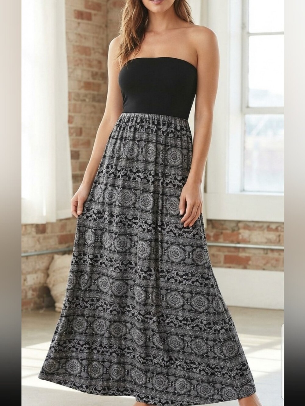Black White Geometric Maxi Dress Boho Chic Strapless Casual Coastal Relax Large